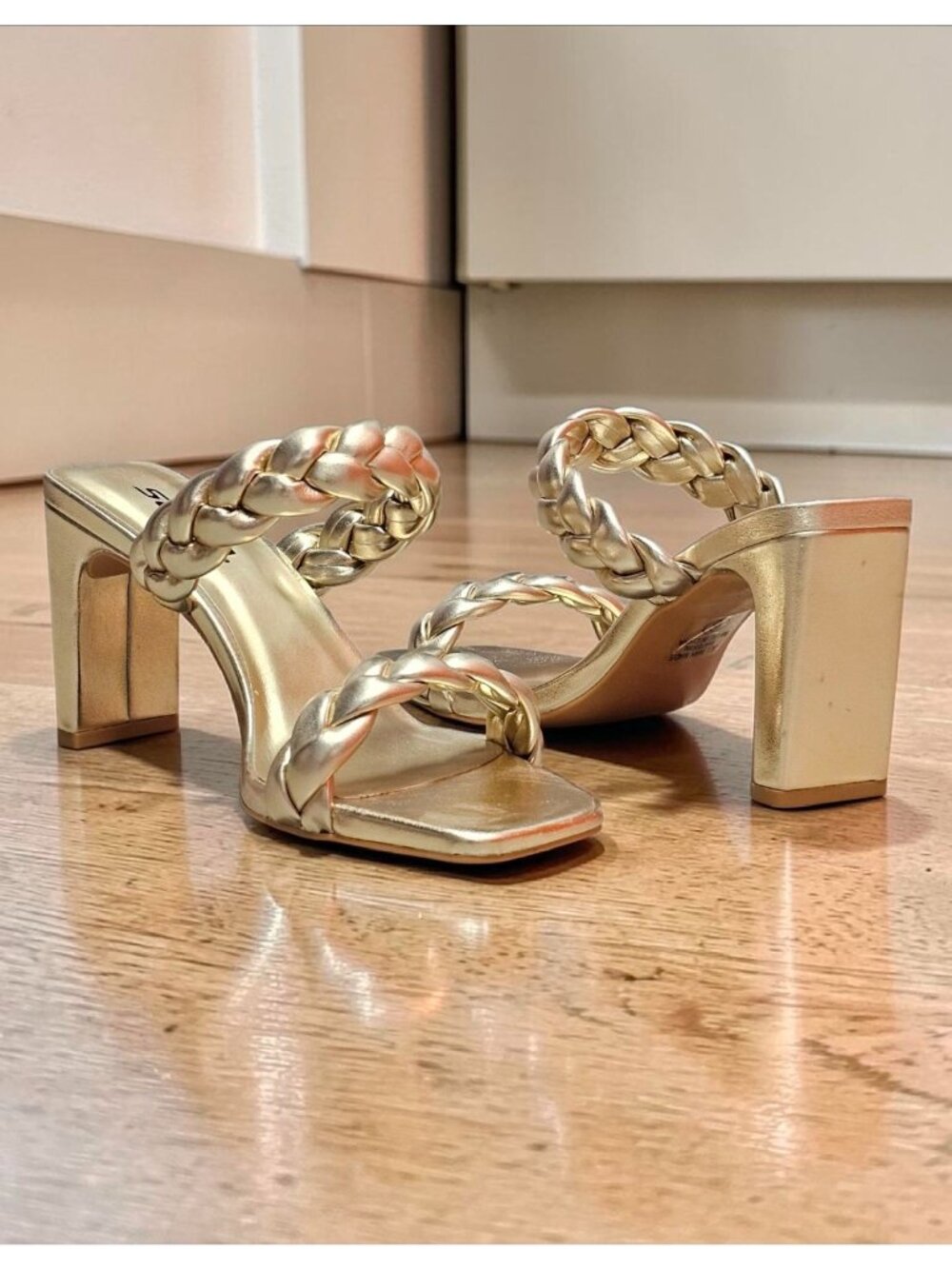 Braided Metallic Gold Block Heel Sandals Open Toe Square Toe Design Womens Shoes
